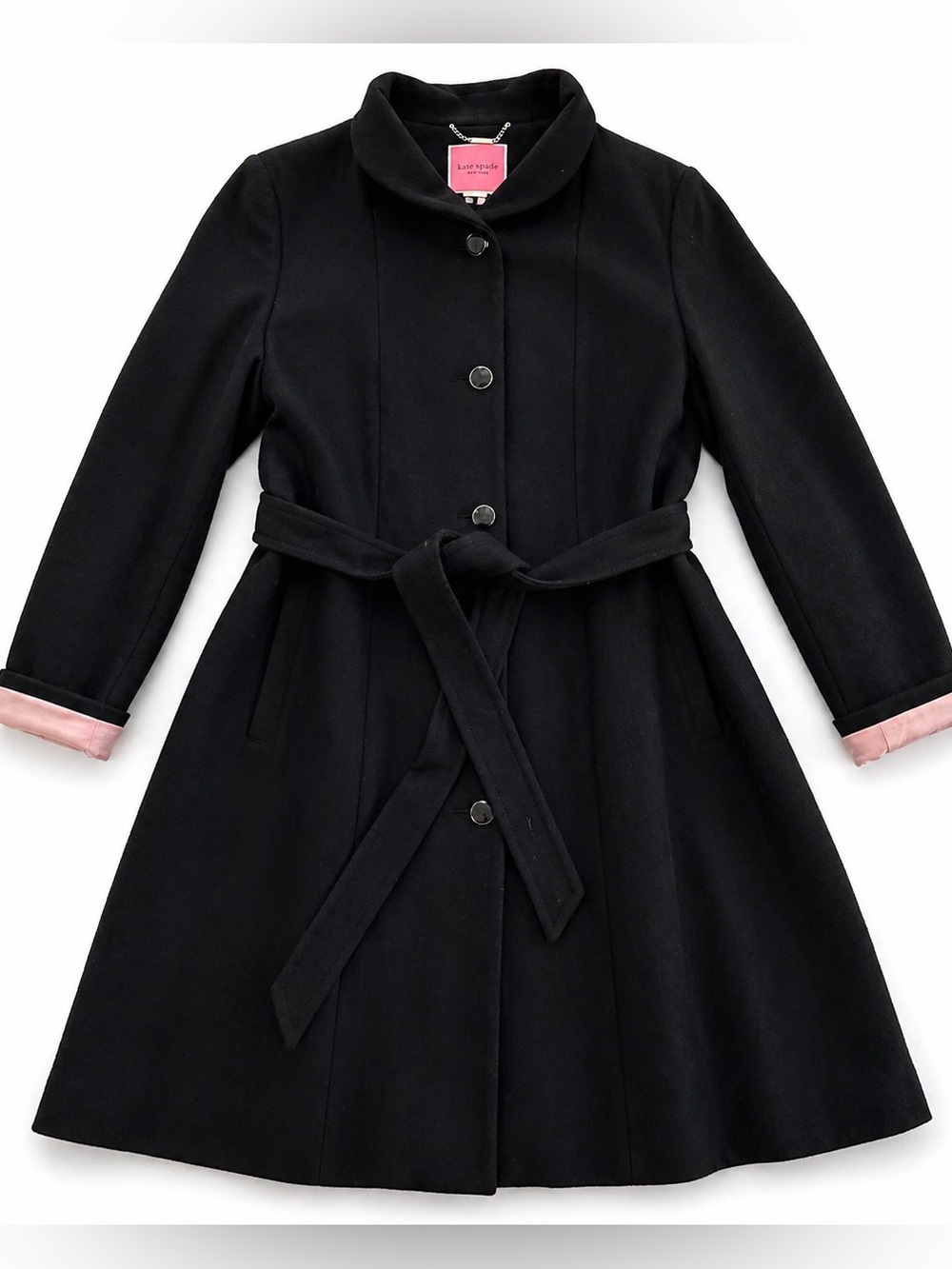 Kate Spade Black Belted Coat XL Minimalist Classic Wool Blend Plus Friendly